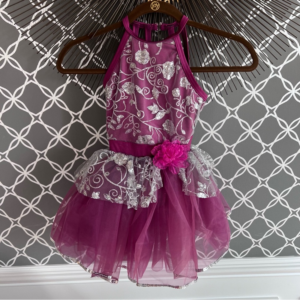 Weissman Dance Costume - size SC. Purple leotard with silver glitter and trim.